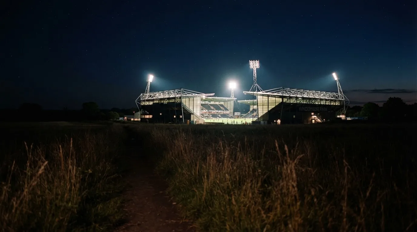 Ein Stadion unter Flutlicht von weitem gesehen, davor ein Feld und ein Feldweg im Dunkeln.